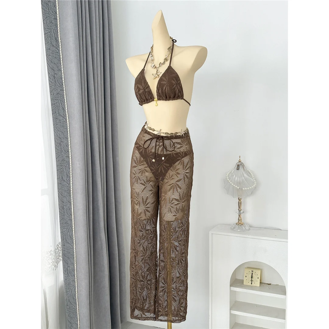 Mit Hosen, Blättern und Halterneck-Bikini, Damen-Badeanzug, dreiteiliges Bikini-Set, Badebekleidung, Badeanzug, Schwimmanzug V8164 – Detail 9