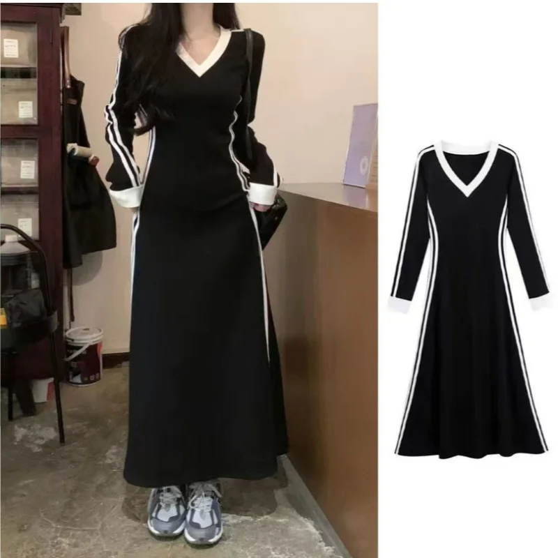 Women Autumn Midi Dresses New Black Vintage Ins Simple Y2K V-neck Korean Preppy Style Elastic Long Sleeved A-Line Sports Dress