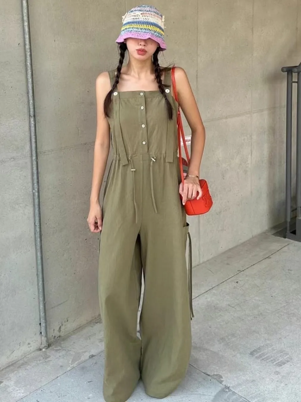 

Retro Summer Chic Women's Rer Pants with ket Design Loose Fit Square Collar Single Button Strap on Overall Pants