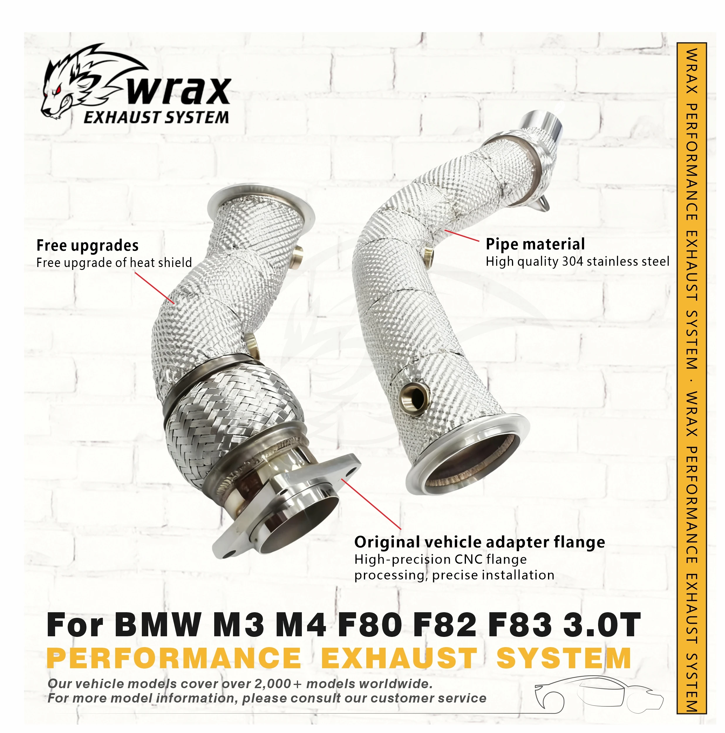 

WRAX High Flow SS304 downpipe for BMW M3 M4 F80 F82 F83 3.0T Performance Exhaust Upgrade of Heat Shield Support Customization