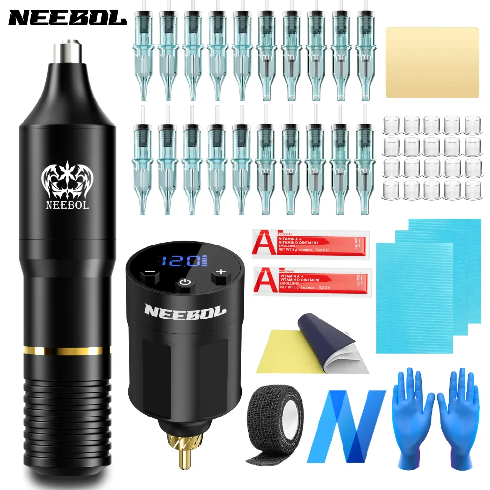 2/32/54Pcs, Neebol Draadloze Tattoo Kit, Complete Secant Mist Tattoo Machine Met 1300Mah Led Draadloze Tattoo Voeding