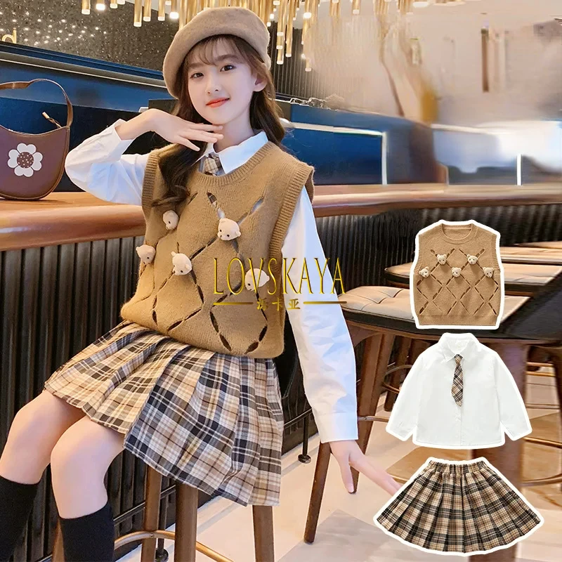 Long Sleeved Shirt Pleated Skirt 3Pcs School Uniform Sets Children College Style Coats