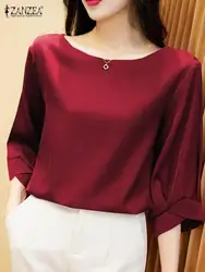 2023 ZANZEA Elegant Women Solid Work Tops Women Loose Casual Silk Vintage Holiday Blouse Tunic Chemise Half Sleeve Satin Shirt