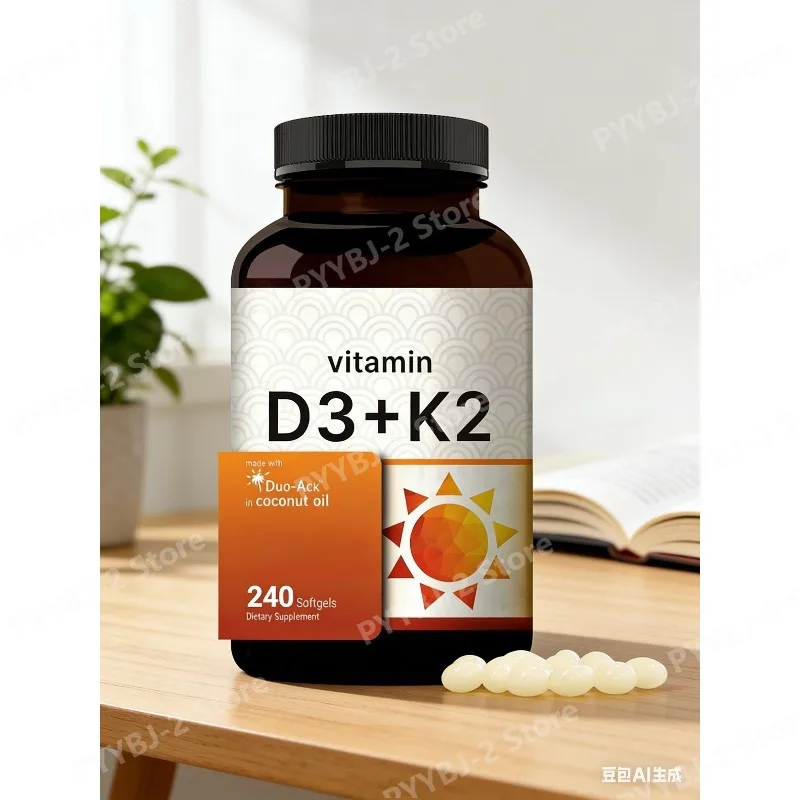 Cápsulas Blandas de Vitamina D3 y K2 - Contienen Aceite de Coco Virgen, Gelatina y Otros Suplementos Nutricionales, 240 Cápsulas