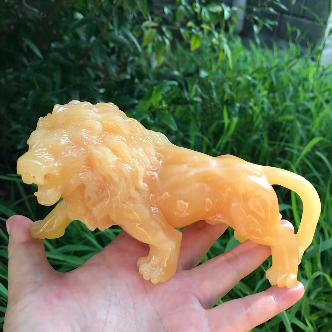 150mm Natural Yellow calcite topaz Crystal Stone Lion Hand Carved Animal Figurine Energy Crafts Home Decoration As Gift 1pcs