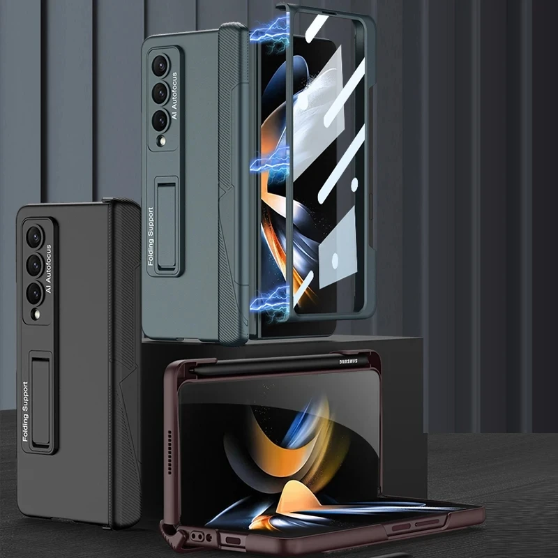 Magnetic Hinge Protection Screen Protector Cover for Samsung Galaxy Z Fold 4 Case with Pen Holder Slot and Stand Bracket 5G
