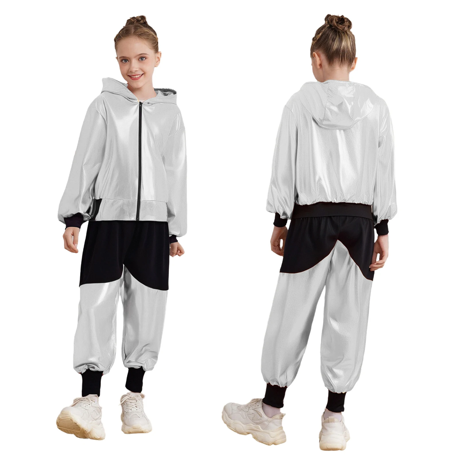 

Kids Girls Boys Hip-Hop Street Dance Outfit Holographic Metallic Long Sleeve Zipper Hooded Jacket Coat+Color Block Pants Set