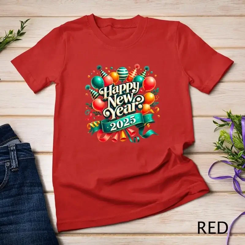 Frohes neues Jahr 2025. Feiern Sie mit Luftballons und Spaß. Lustiges T-Shirt. Unisex-T-Shirt
