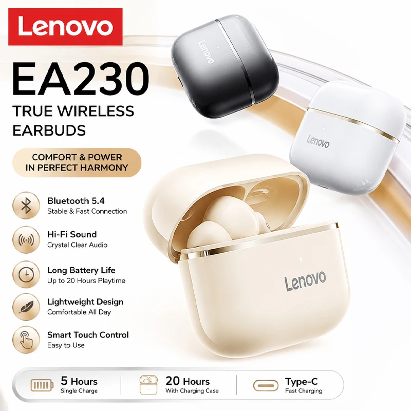 Lenovo Wireless BT5.4 Low Latency Earbuds with Mic Hd Call Noise Reduction Long Standby Earphones Human Ear Design Headphones