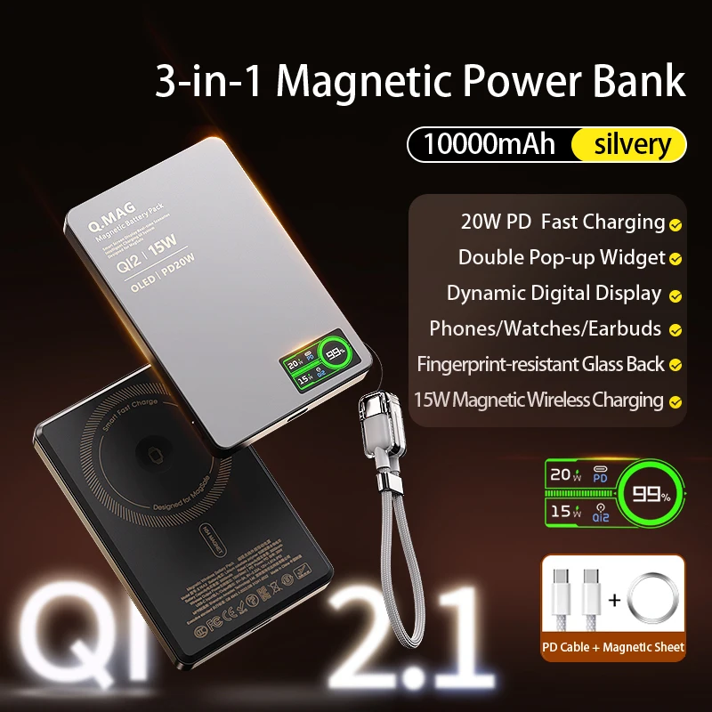 Magnetische draadloze powerbank Qi 2.1 USB-C snel opladen externe batterij voor iPhone 12-17 Pro Airpods Apple Watch Xiaomi 10000mAh