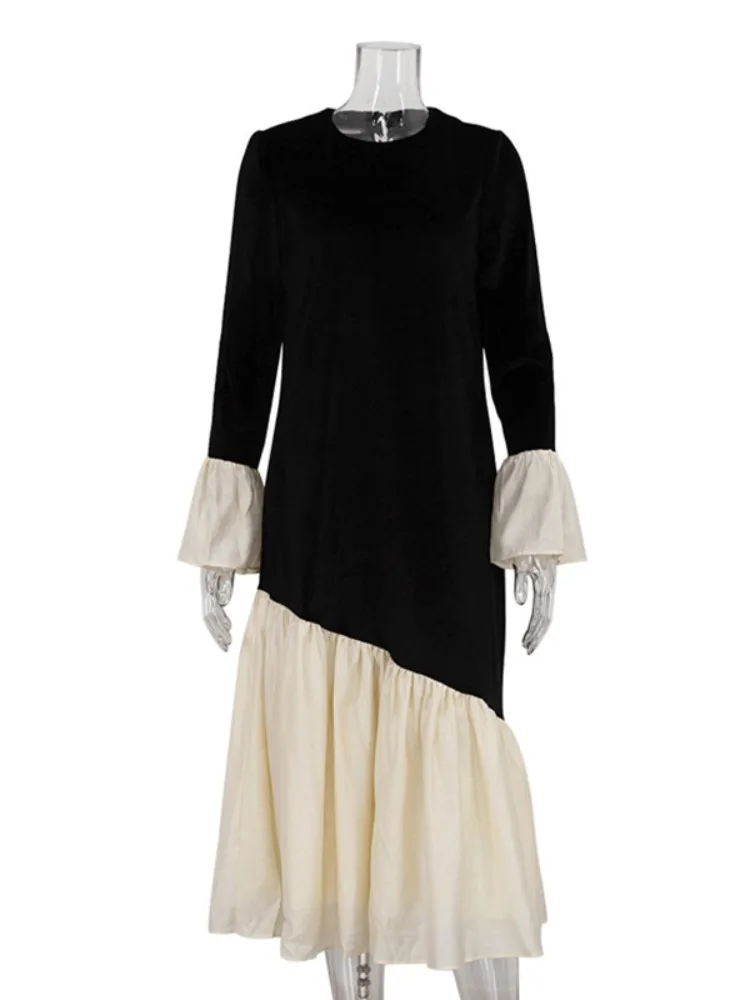 Freeacy vestido feminino solto de veludo, cor contrastante, mangas largas, vestido de festa plissado, moda outono, vestidos com articulação dividida