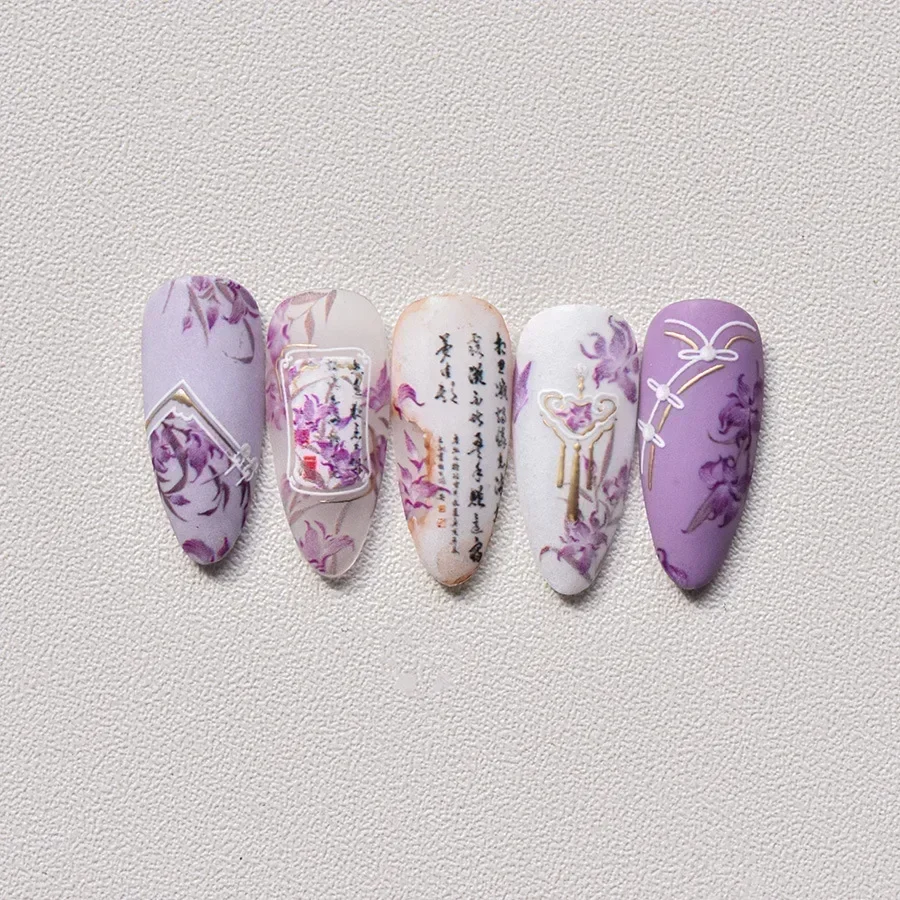 Chinese Cheongsam Iris Pearl Lily Lotus Rose Flower Vase Peacock Self Adhesive Nail Art Decoration Sticker 5D Manicure Decal