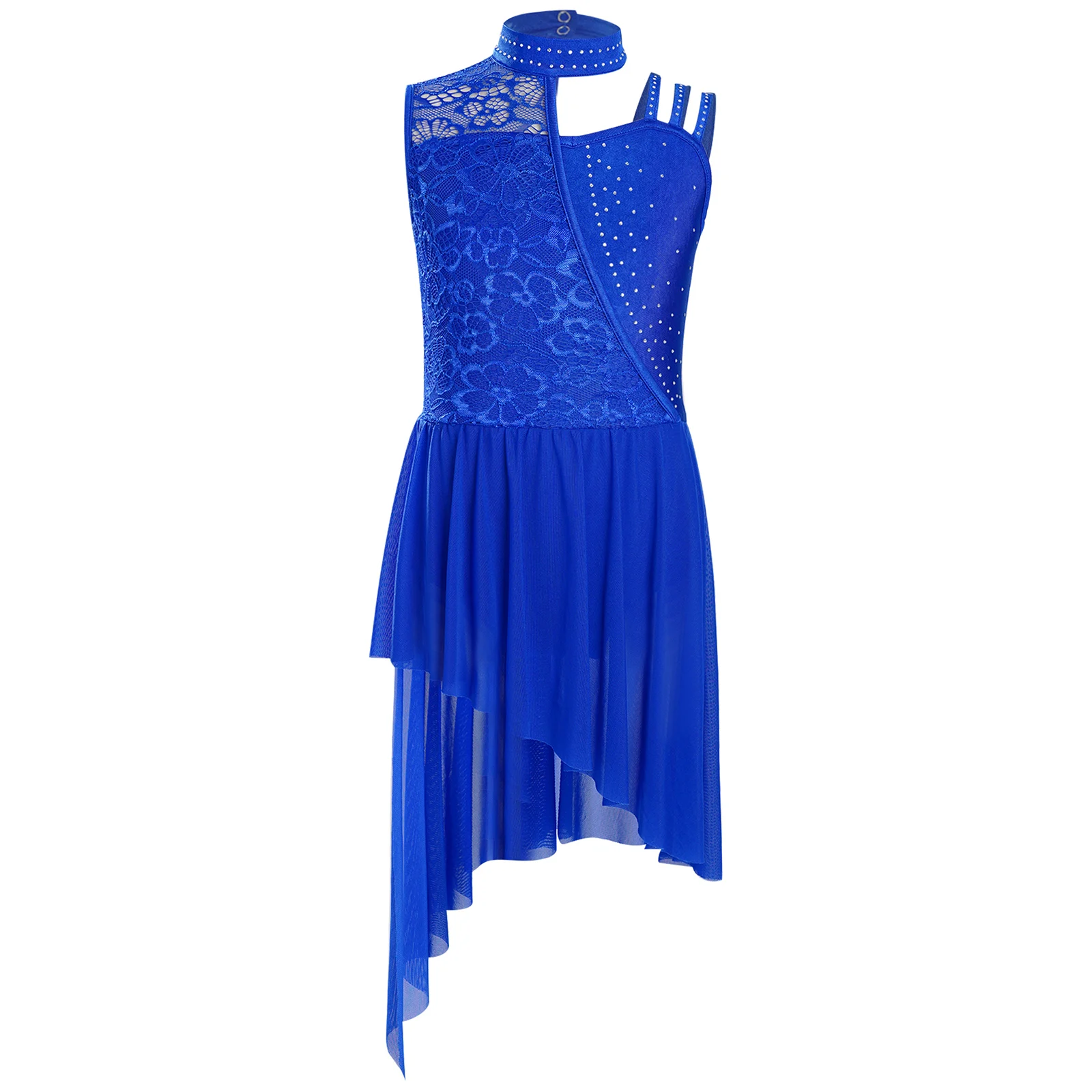 

Kid Girls Ballet Lyrical Dance Dress Modern Contemporary Dancewear Mock Neck Floral Lace Rhinestones Irregular Hem Leotard Dress