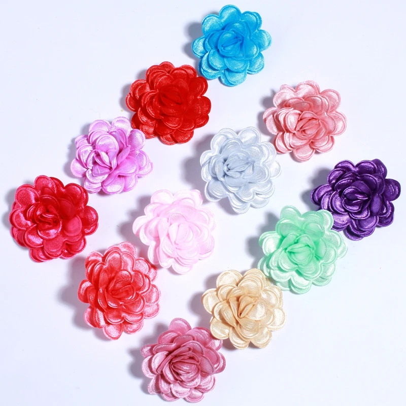 

50PCS 3.8CM 1.5" Mini Shiny Solid Fabric Flowers For Headbands Chic Edge Hard Material Satin Hair Flower For Hairpins U Pick