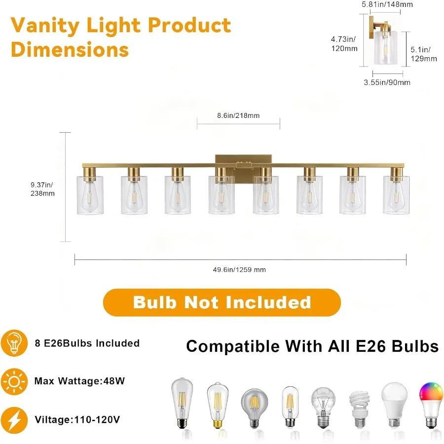 Bathroom Vanity Light Bathroom Light Fixtures Brass Vanity Lights for Bathrrom 46 in Large Wall Sconce Brush with Clear Glass S