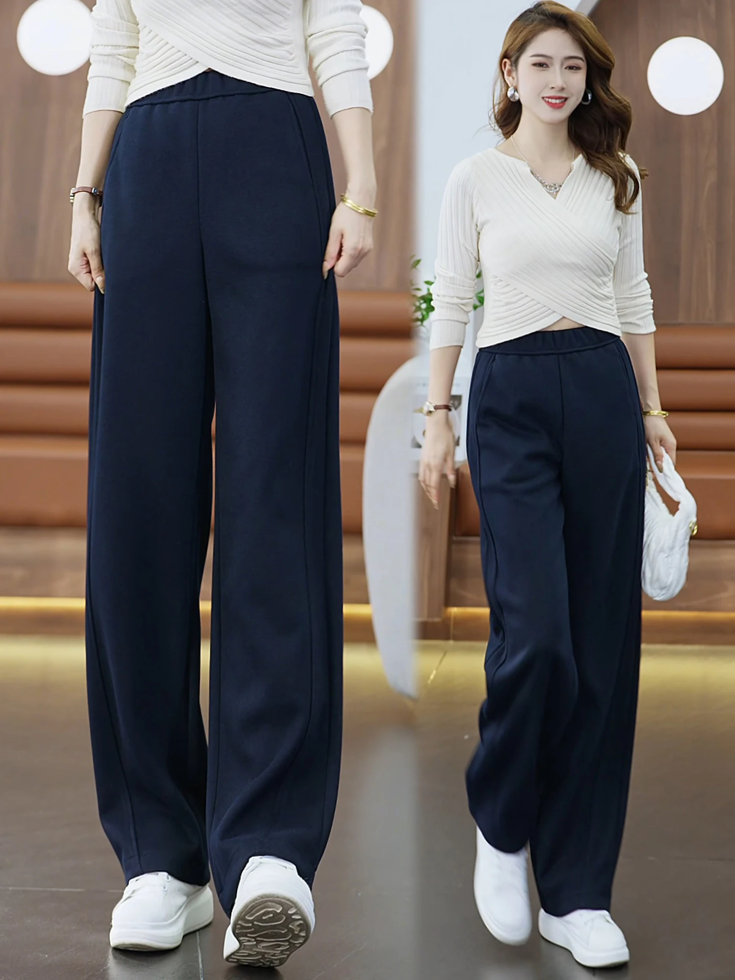 

Женские шерстяные брюки с высокой талией, прямые, широкие, на флисовой подкладке, осенне-зимние, новый стиль, эластичные, повседневные, облегающие