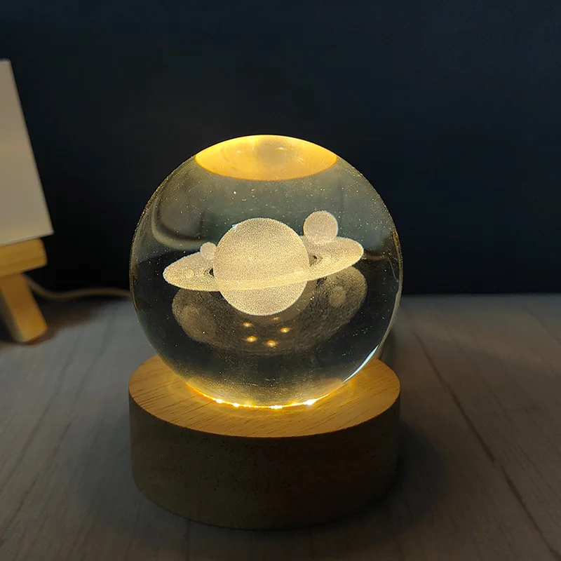 3D Engraved Crystal Ball Night Light LED Lamp Wooden Base Galaxy Moon Saturn Solar System Desktop USB Powered Decorative Ornamen