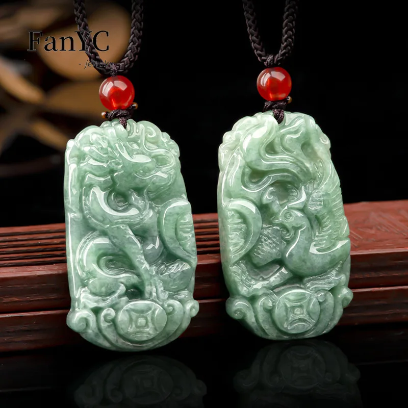 

Myanmar Jadeite Dragon and Phoenix Pendant Hand-carved Exquisite Luxury Bean Green Jade Necklace Couple Men & Women Holiday Gift