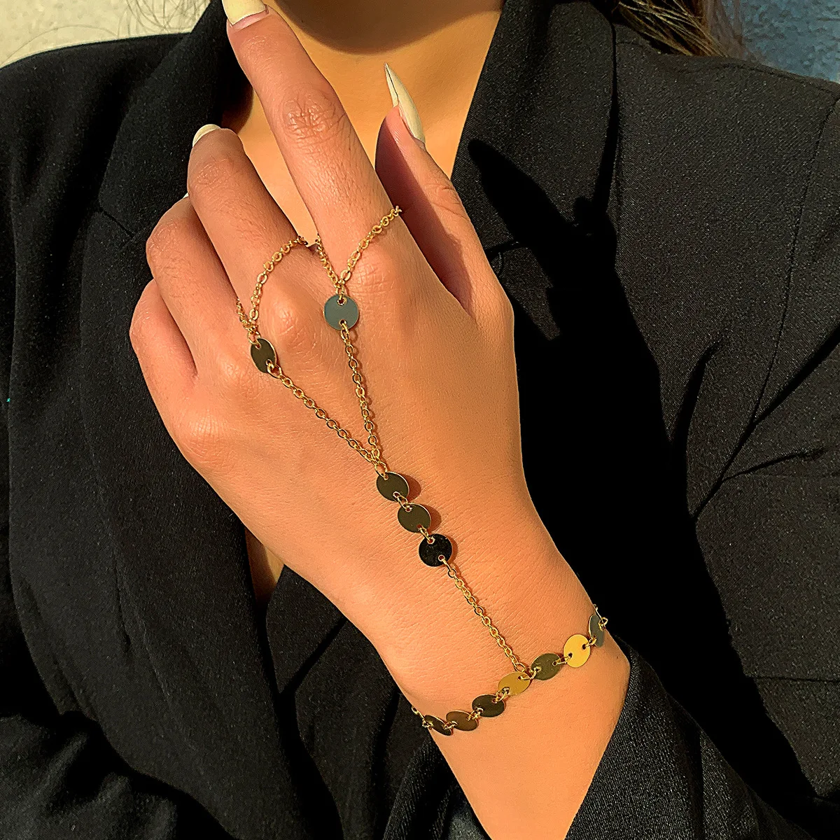 Boho Round Sequin Tassel Link Bracelet Ring Vintage Fashion Gold Color Metal Bridal Wedding Glamour Girl Bracelets Jewelry Gift