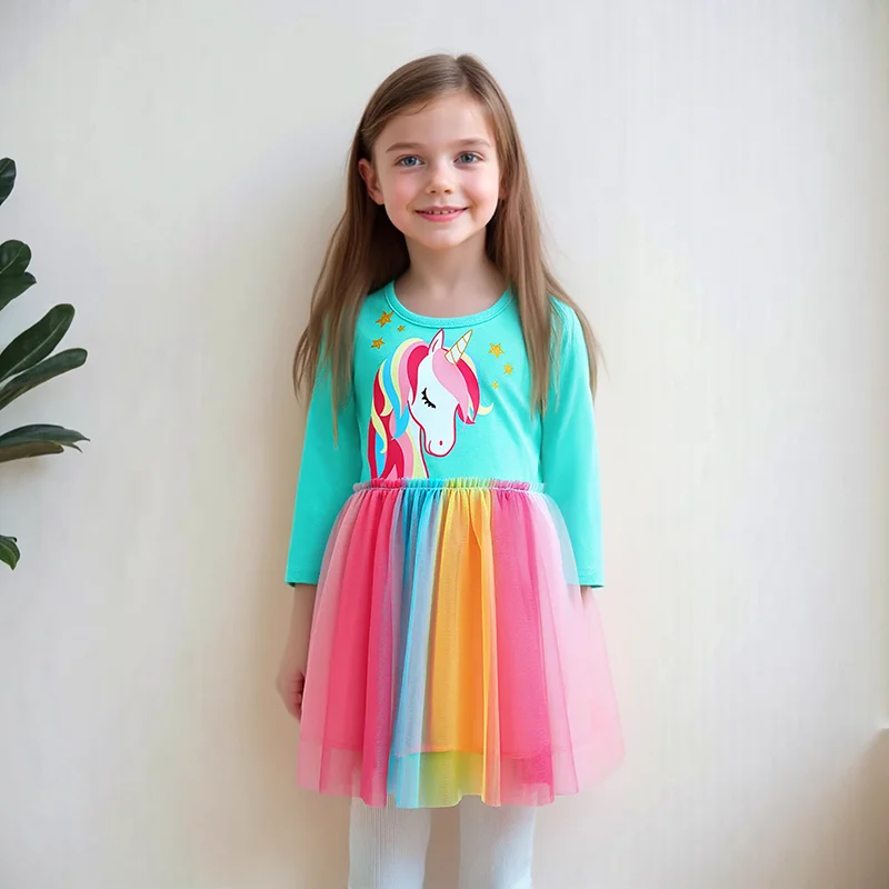 Little Maven Kinder Langarm Mesh Kleid Einhorn Baby Mädchen Regenbogen Mesh Kleid Herbst Frühling Kinder Casual Kostüme
