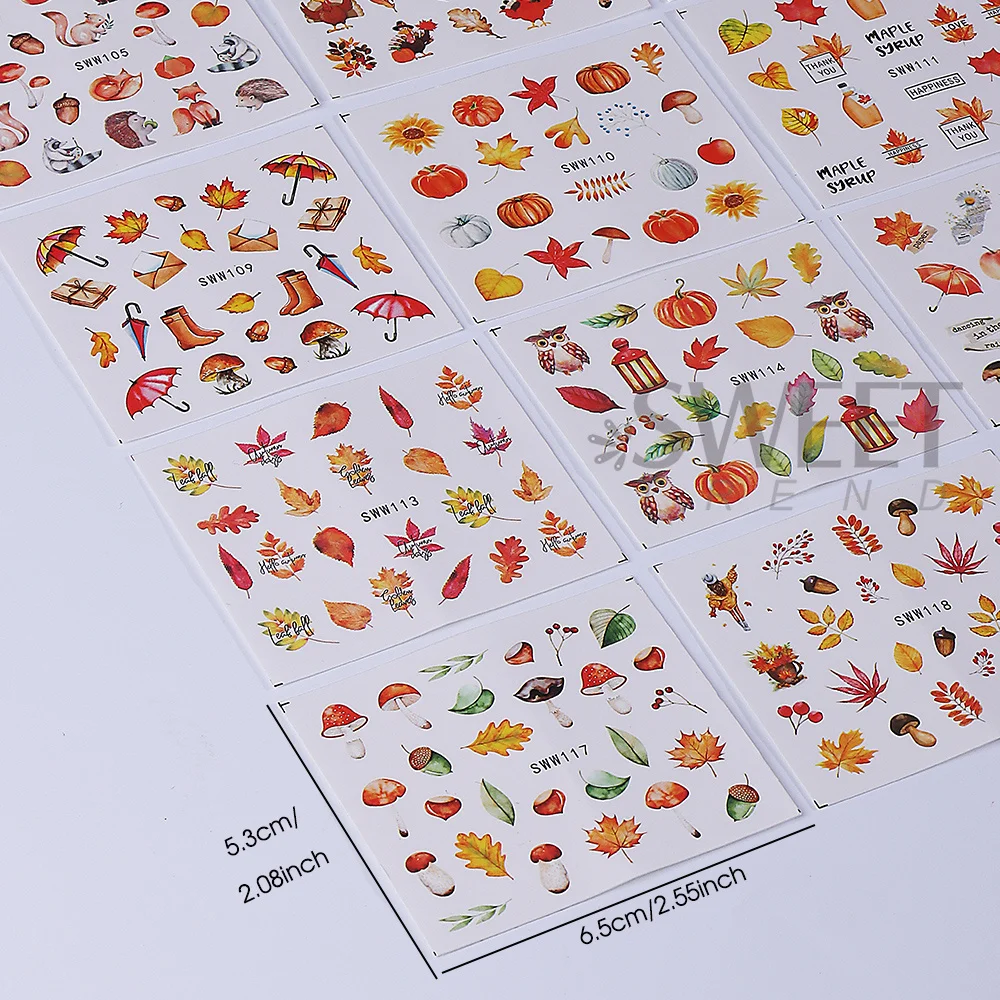 24 szt. Jesienne naklejki na paznokcie z motywem liści klonu, naklejki transferowe, geometryczne liście, grzyby, indyki, dynie, wzory z wiewiórką, dekoracje do manicure