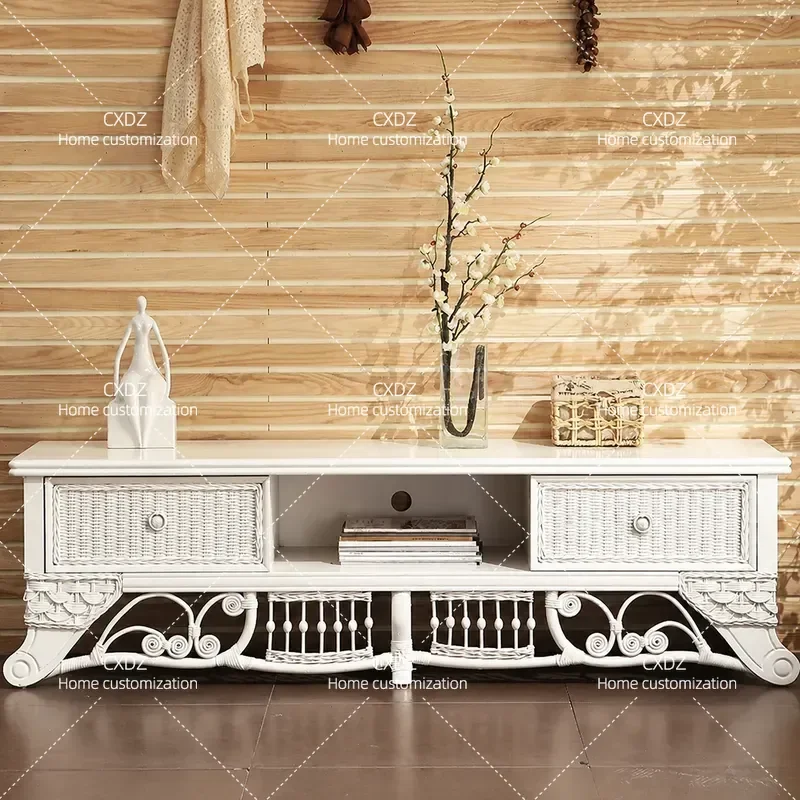 1.8m Rattan TV Cabinet Solid Wood Floor Standing Media Console with Double Drawers Audio Visual Storage Unit for Living Room