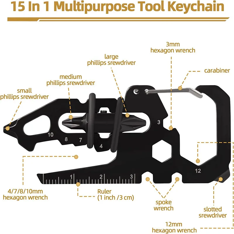 15 In 1 Carabiner Multitool Keychain Pocket Camping Gear Multi Tool Card with Clip Screwdriver Wrench Ruler Great Gifts for Men