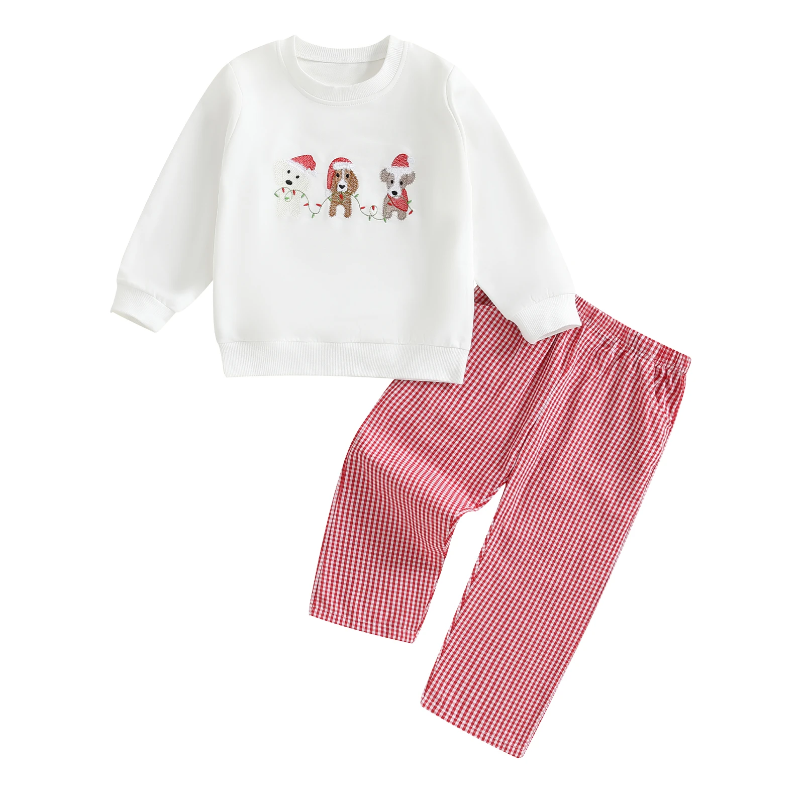 طفل صغير صبي عيد الميلاد الزي الكلب المطرزة طويلة الأكمام البلوز منقوشة مرونة الخصر السراويل 2 قطعة مجموعة