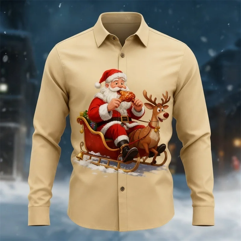 قميص مريح بأكمام طويلة للرجال من سانتا كلوز لعيد الميلاد، تصميم بياقة سفلية، قميص كاجوال للحفلات الخارجية والعطلات #3