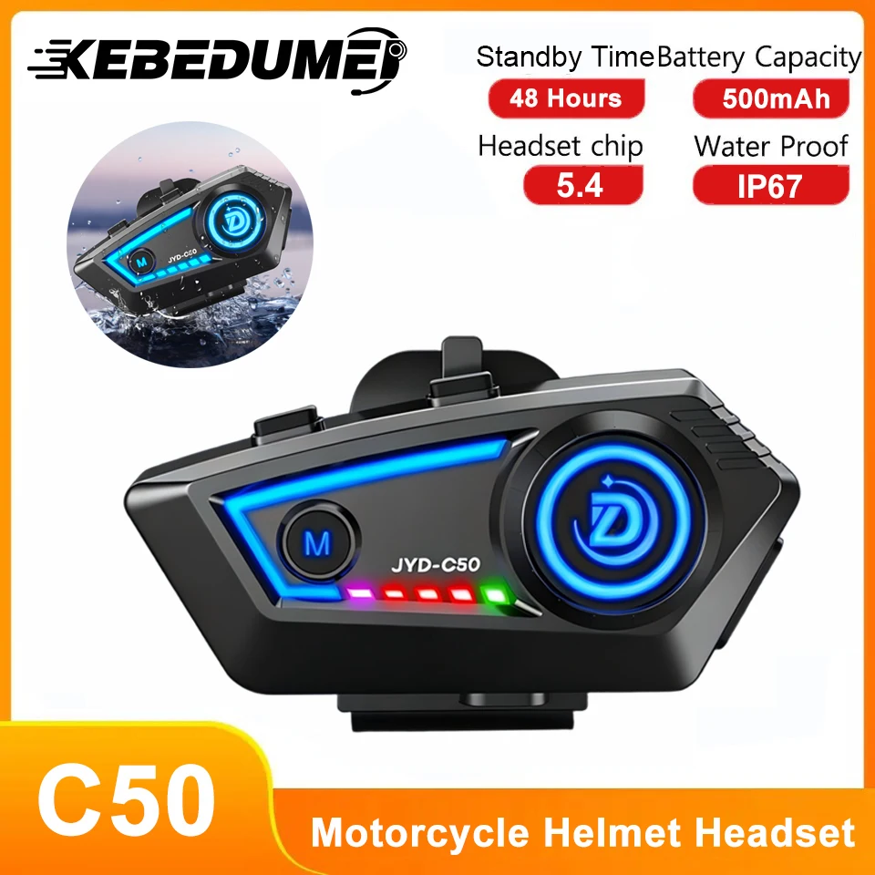 

C50 Motorcycle Helmet 5.4 Bluetooth Helmet Headset IP67 Waterproof BT Wireless Earphone With Colorful Ambient Light