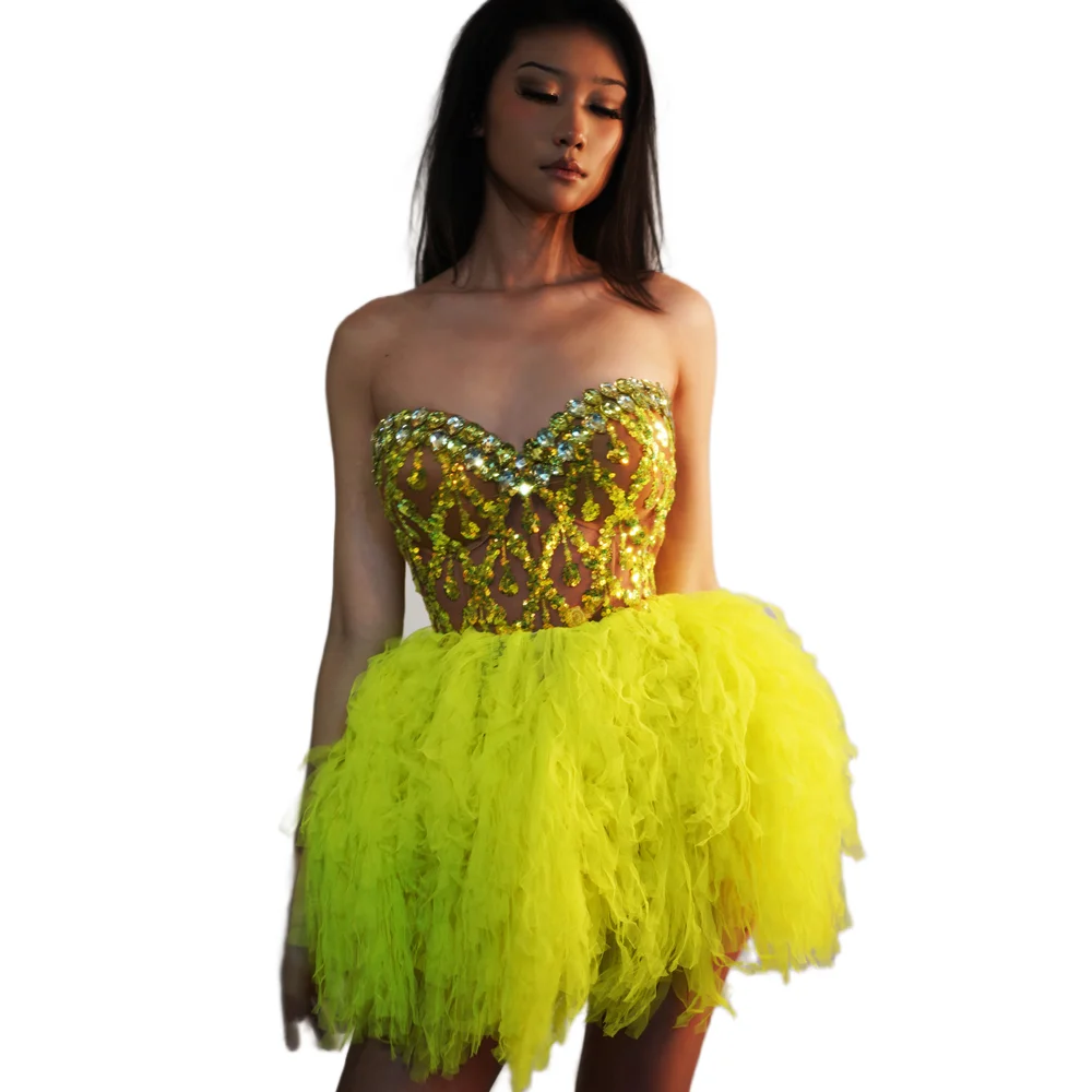 

Sexy Strapless Crystal Tutu Skirts 2 Piece Sets Women Ball Gown Cocktail Party Dress Ladies Night Club Showgirl Festival Outfit