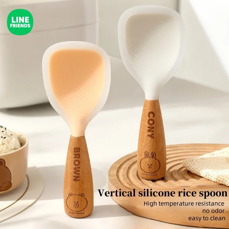 Line Friends-Cuillère à riz en silicone avec manche vertical en bois, brun, dessin animé, conflicStorage, cuiseur à riz domestique, ustensiles de cuisine