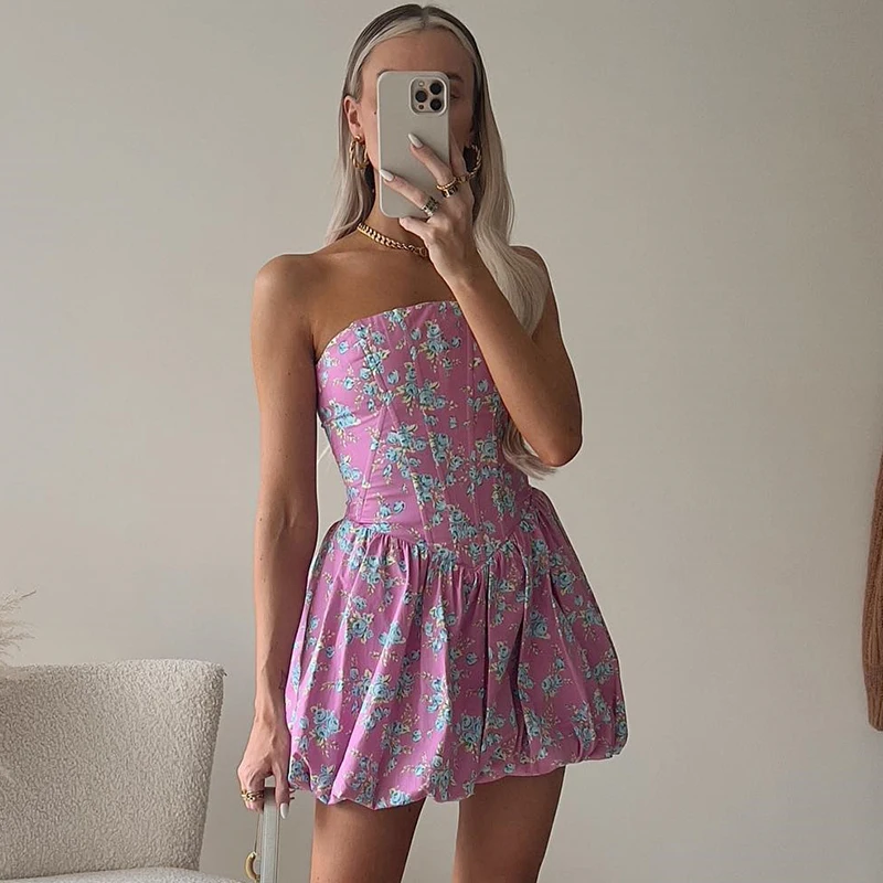 

Ardm платье женское Tube Top Floral Vintage Print Princess Dress Sexy Mini Dresses For Women 2022 Summer Backless Party Dress