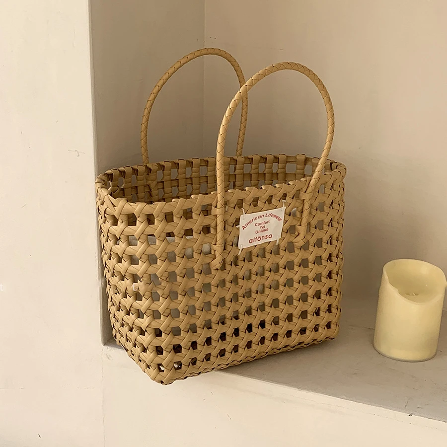 Ins Label Woven Beach Bag Woven Storage Vegetable Basket Vacation Travel Picnic Candy Color Women Hollow Outdoor Beach Handbagg