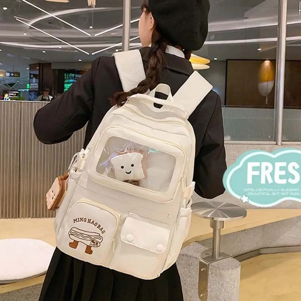 Hot Sale Leisure Bags Student Cartoon Backpack Korean Style Large Capacity Korean Girl Schoolbag Multi-Pocket with Bread Pendant