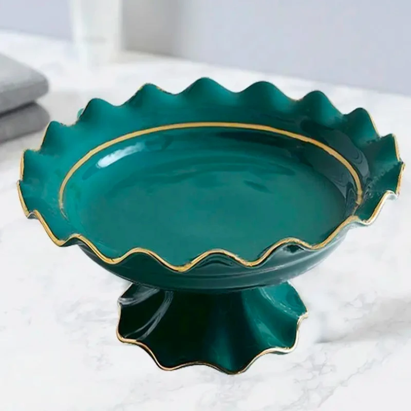 Green Ceramic Snack Platter with Cover Flower Shape Fruit Dessert Plate High Cake Stand Tissue Storage Box Rectangular Tray