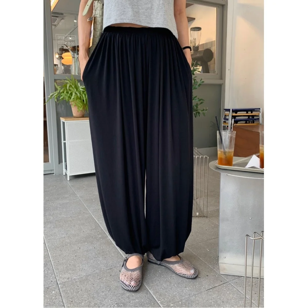 Korean Chic Ultra Lightweight Cool Pants Loose Cuffed Lantern Pants Nine Points Casual Pants High Waist Other Material Ladies