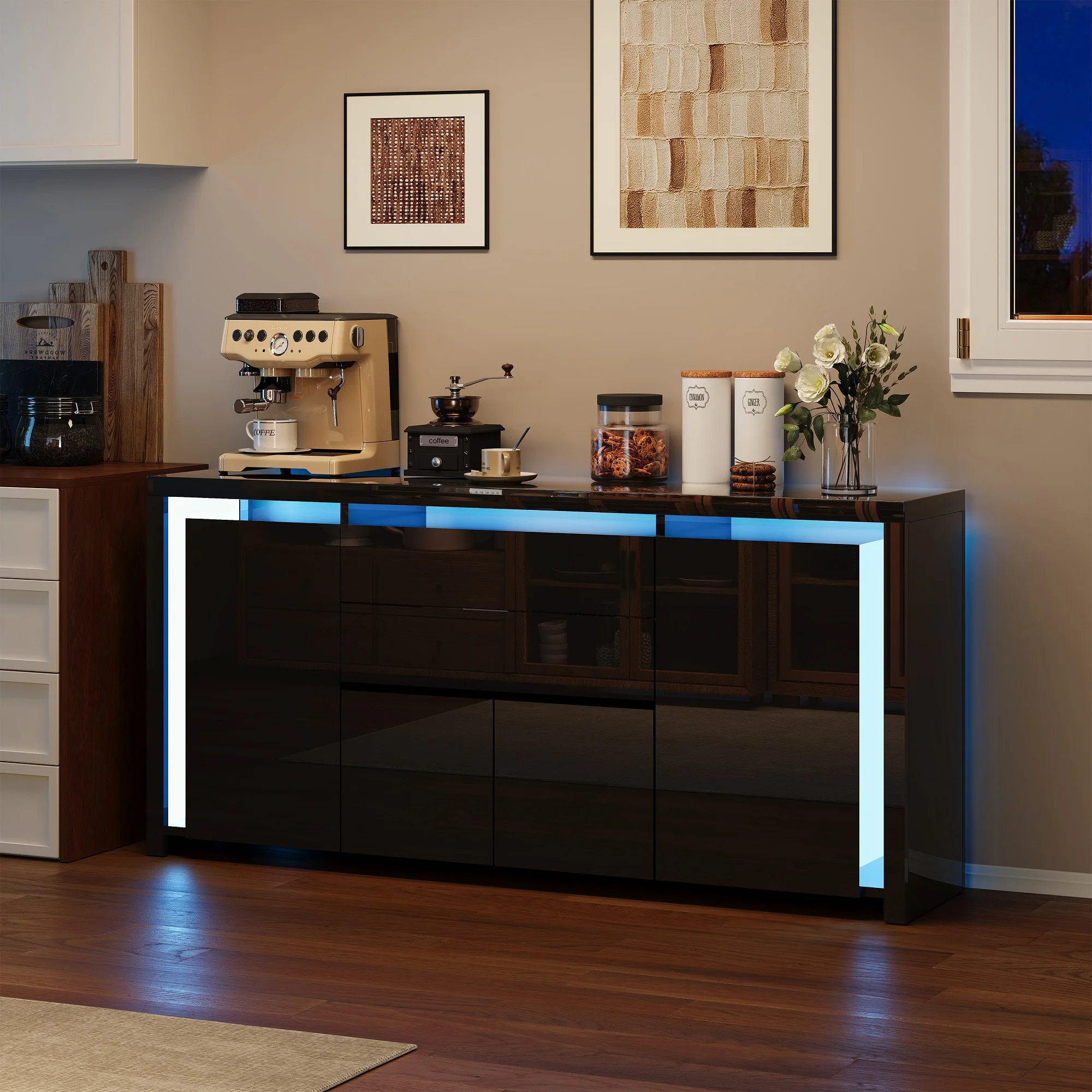 Rosahqnda Sideboard Hochglanzweiß mit LED, modernes Sideboard mit Tür und Schubladen, Buffetschrank, Kommode für die Küche – Detail 21