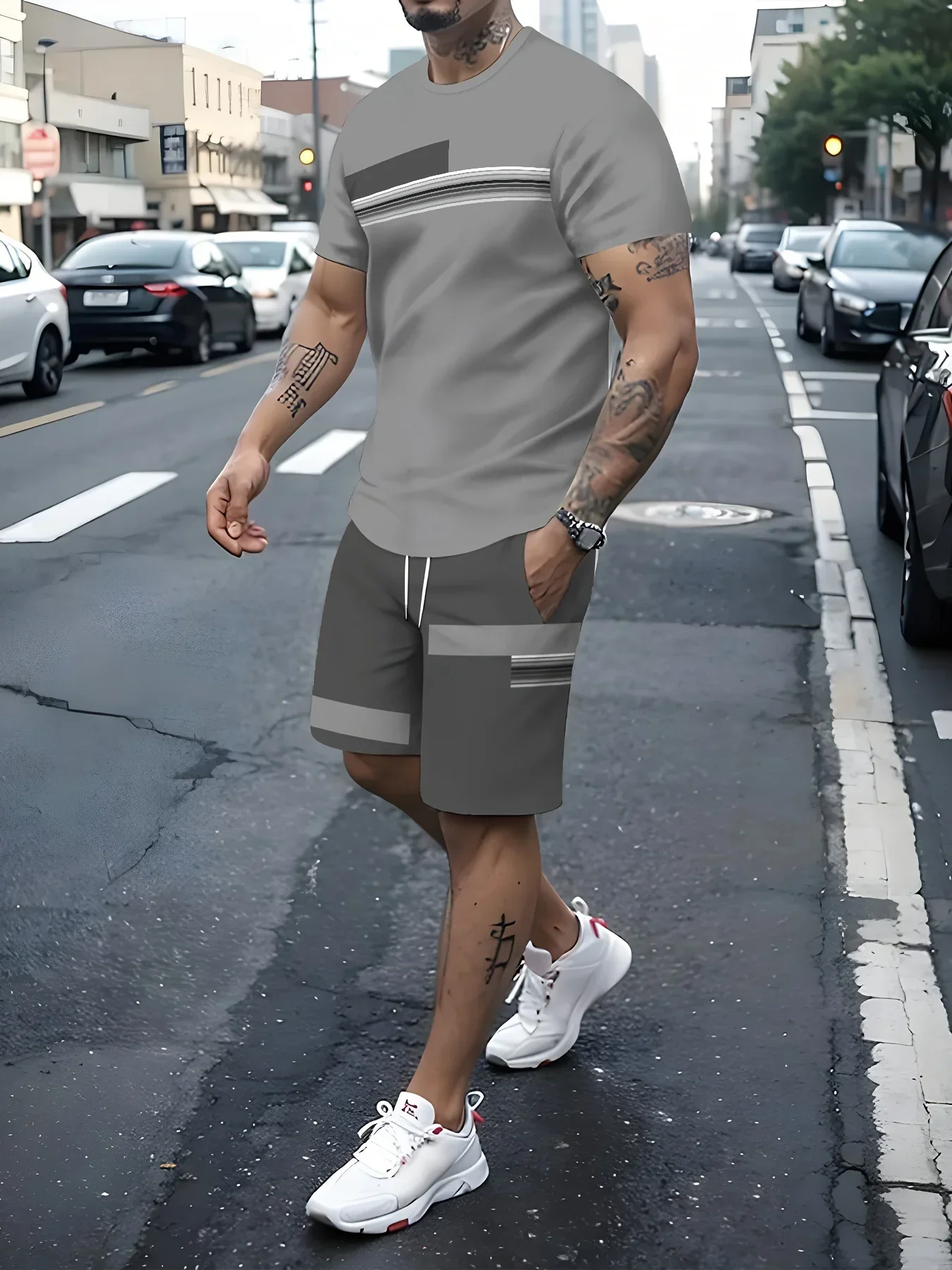 2025 Summer T-shirt Casual Sports Men\'s Suit Men\'s 2-piece Set 3D Men\'s Trend Style Short-sleeved T-shirt + Trousers Street Wear