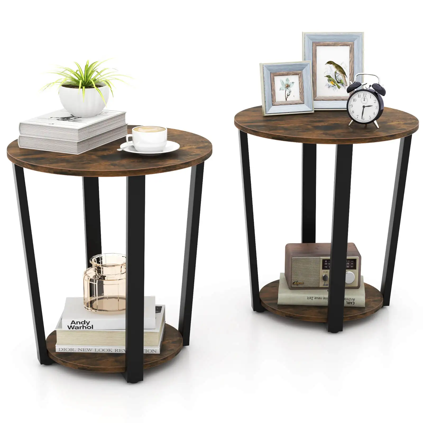 Industrial End Table Sofa Side Table Set ot 2 Nightstand with Storage Shelf