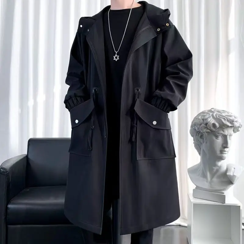 Autumn Winter Windbreaker Men Long Safari Windbreaker Korean Trend Oversize Casual Coat Trendy Handsome Hooded Jacket