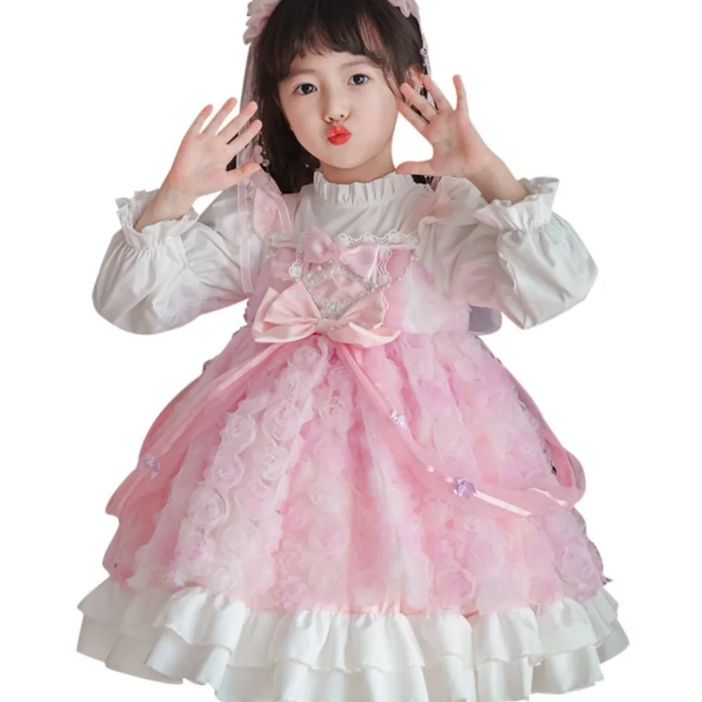 Spring New Children High Quality Rose Flower 3D Bubble Sleeves Princess Dress for Girls Lolita Children's