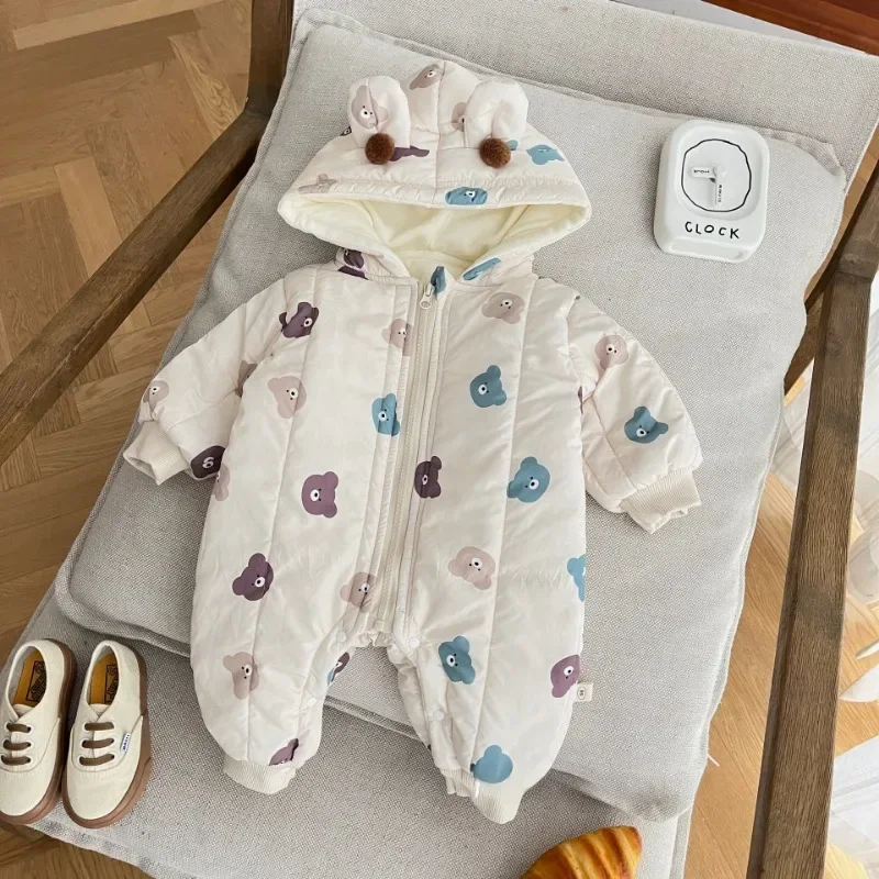 

Baby Clothes Cartoon Quilted Infant Romper Fleece Lining Thicken Hooded Jumpsuits Infant Outfit