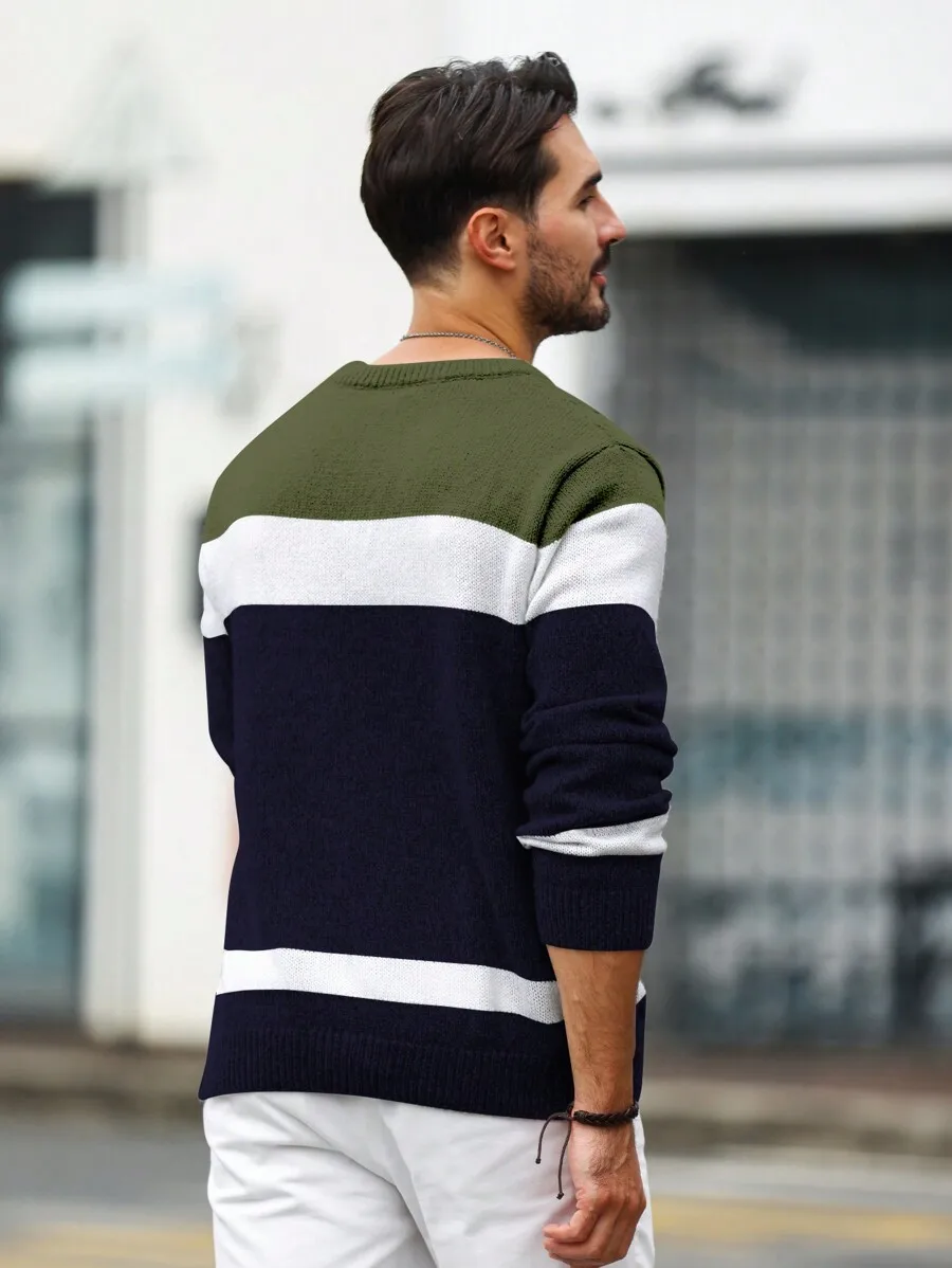 Men's Colorblock Cable Knit Crew Neck Sweater, Loose Fit Casual Winter Wear