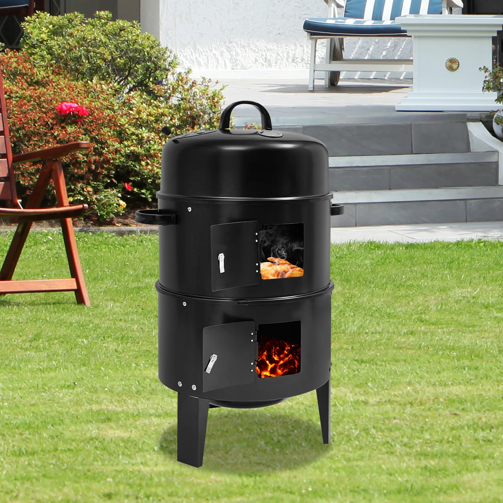 2-Schichtiger Multifunktionaler Räuchergrill 3-in-1 Outdoor BBQ Smoker Leicht zu Transportieren Verchromter Grill für Familienfeiern – Detail 4