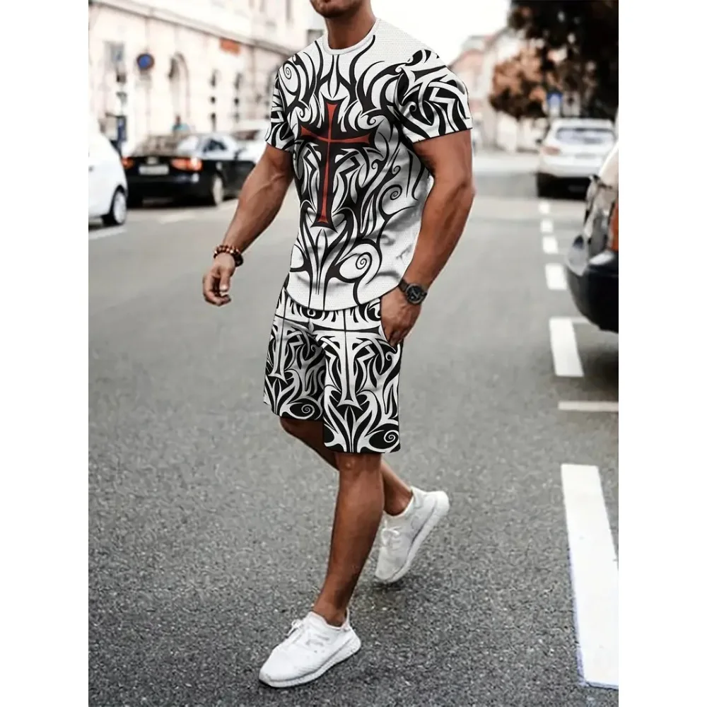 

Summer Oversized 3D Printed Men's T-shirt Set Clothing Breathable Loose Sports Short Sleeve Drawstring Waist Shorts 2-piece Set