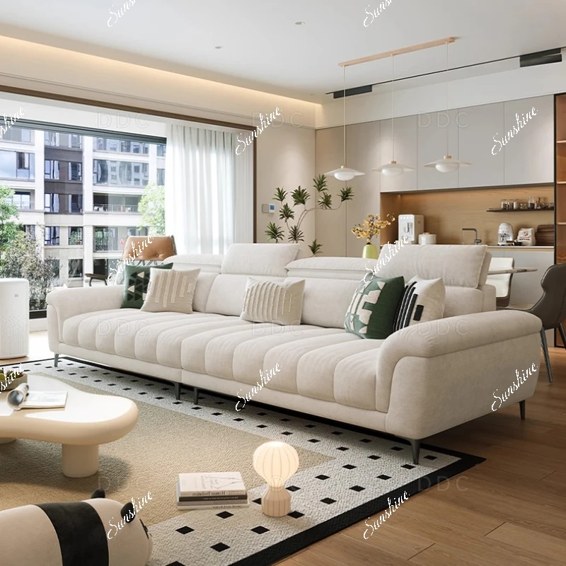 

Fabric sofa living room modern simple straight row, small apartment chenille velvet cream wind