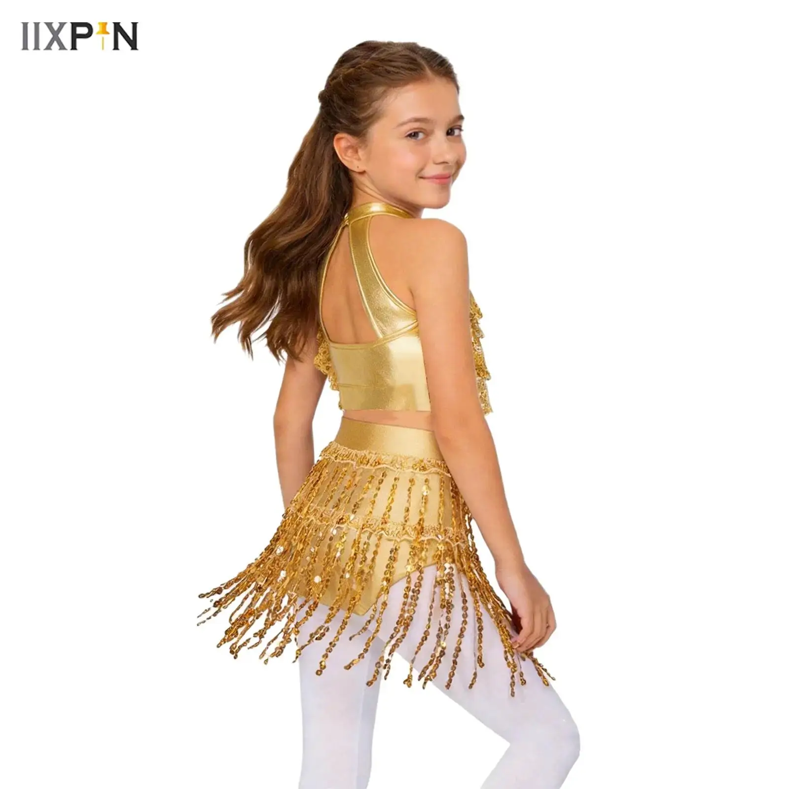 

Kids Girls Sparkly Sequins Ballet Dance Outfits Modern Latin Jazz Dancing Performance Costume Ballroom Dancewear Crop Top+Skirts