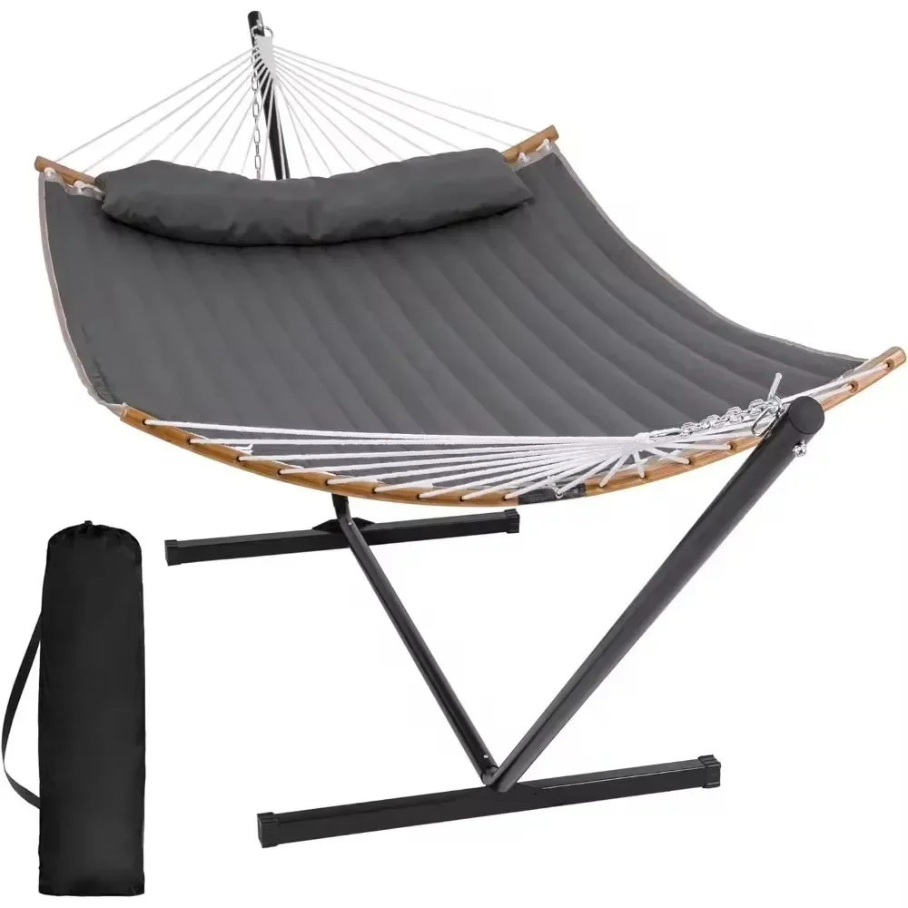 Portable Hammock with Stand Included, Double Hammock with Curved Spreader Bar, Dark Gray outdoor furniture  camping