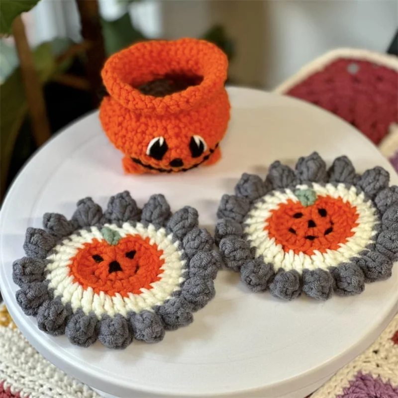 Handmade Knitted Coaster pumpkin Halloween party Cups Decorations Crocheted Mug Plate Pad Home Cup Coasters Xmas Table decor